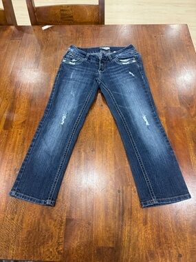 Y2K Paris Blue Dark Wash Distressed Capris Size 1